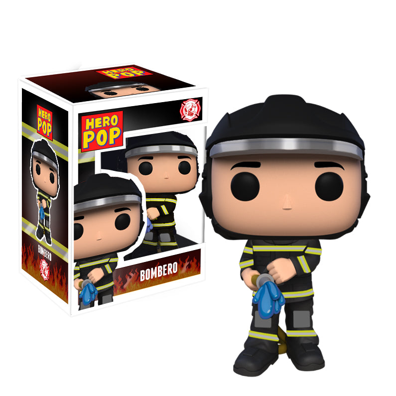 Hero Pop “Fénix” Edición Especial Bombero Negro Hombre – casco negro y manguera, frontal con caja