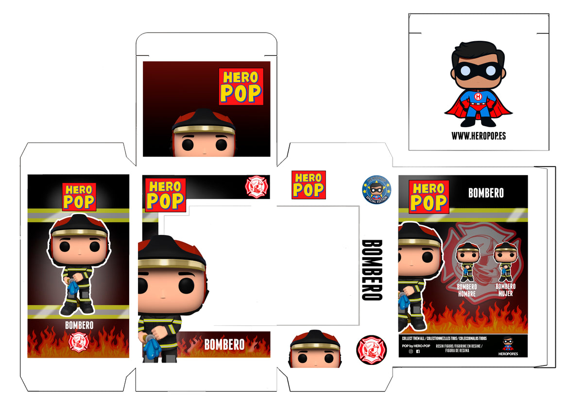 Hero Pop “Fénix” Edición Especial Bombero Negro Hombre – plantilla de caja con casco rojo y manguera