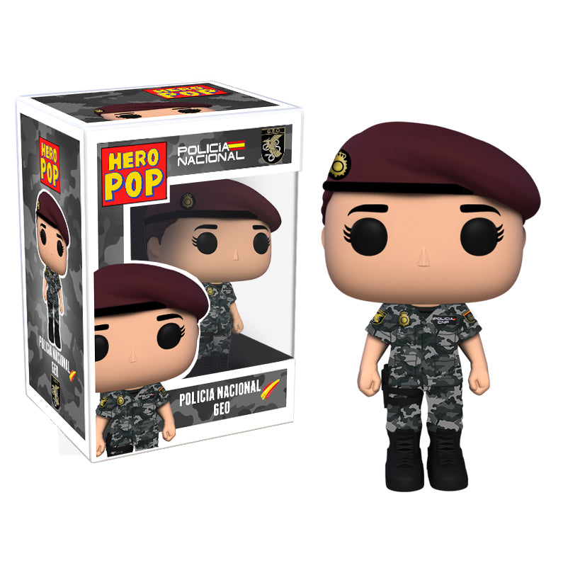 Hero Pop Policía Nacional GEO Boina Mujer – figura personalizada hecha a mano, boina granate, frontal con caja
