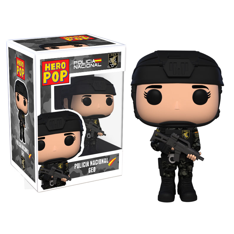 Hero Pop Policía Nacional GEO Mujer – figura personalizada hecha a mano, casco y arma, frontal con caja