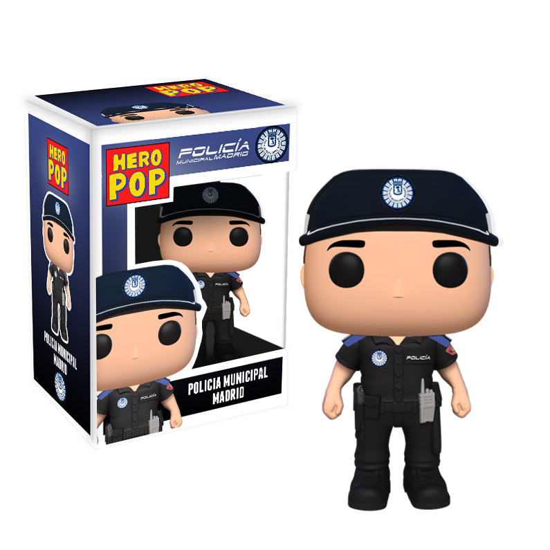 Hero Pop Policía Municipal Madrid Hombre – figura personalizada hecha a mano, gorra y emisora, frontal con caja