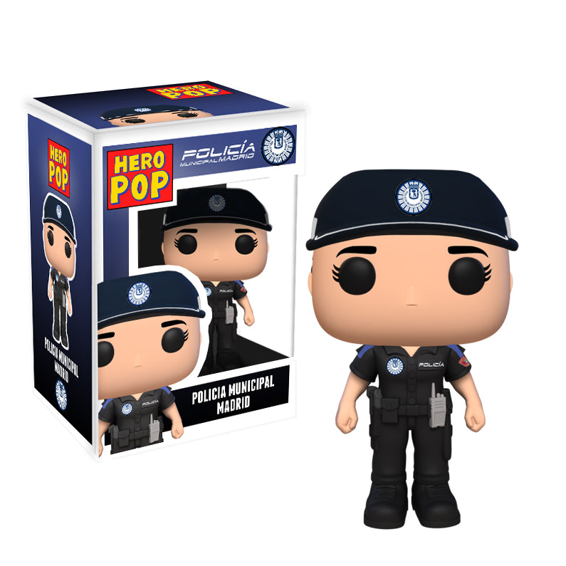 Hero Pop Policía Municipal Madrid Mujer – figura personalizada hecha a mano, gorra y emisora, frontal con caja