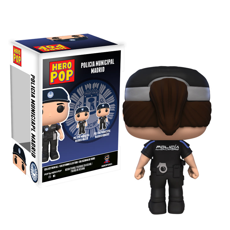 Hero Pop Policía Municipal Madrid Mujer – gorra, coleta y esposas, vista trasera con caja