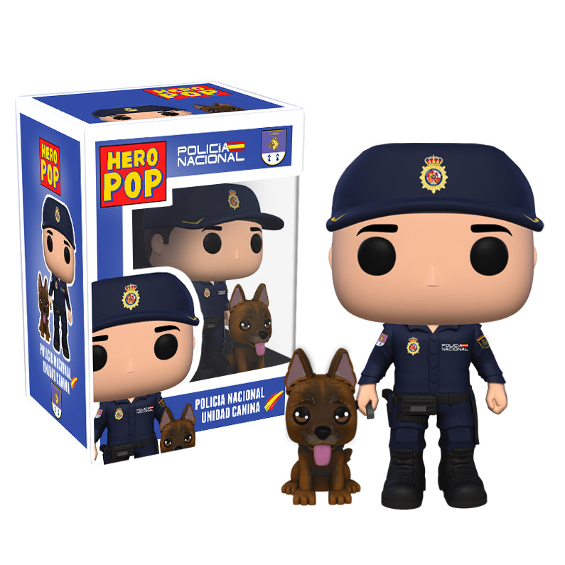 Hero Pop Policía Nacional Unidad Canina Hombre con Malinois – figura personalizada hecha a mano, gorra, perro y caja