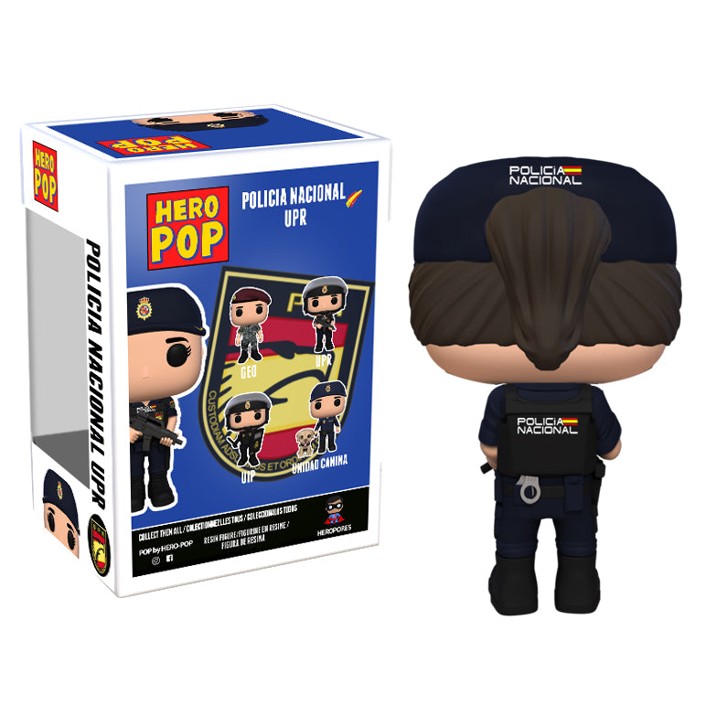 Hero Pop Policía Nacional UPR Mujer – gorra, coleta y esposas, vista trasera con caja