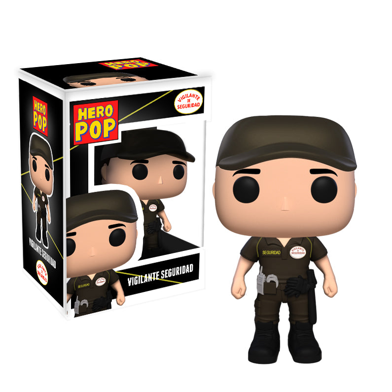 Hero Pop Vigilante de Seguridad Marrón Hombre – figura personalizada hecha a mano, gorra, frontal con caja